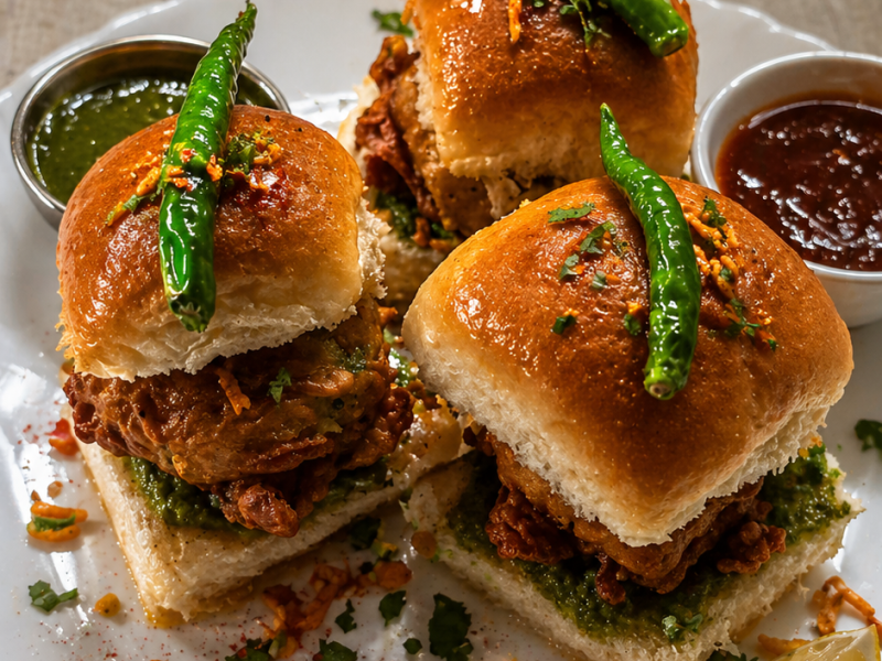 Mumbai Style Vada Pav with Spicy Chutneys & Crunchy&nbsp;Chura